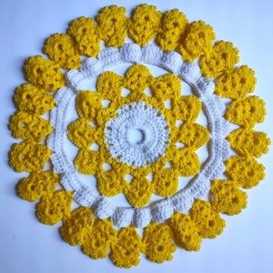 Vintage hand crochet yellow and white yarn doily
